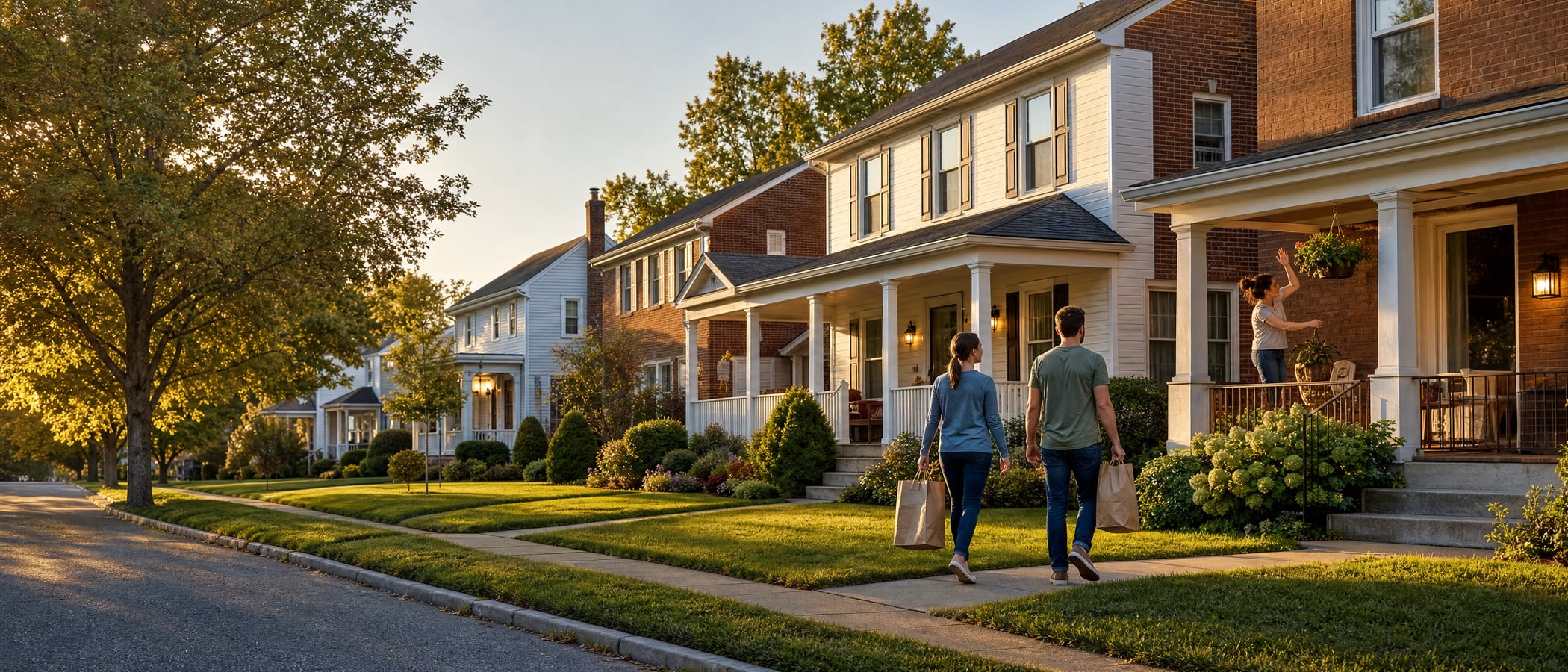 A quiet Pennsylvania street at golden hour, with a couple walking up to their porch and a neighbour waving.