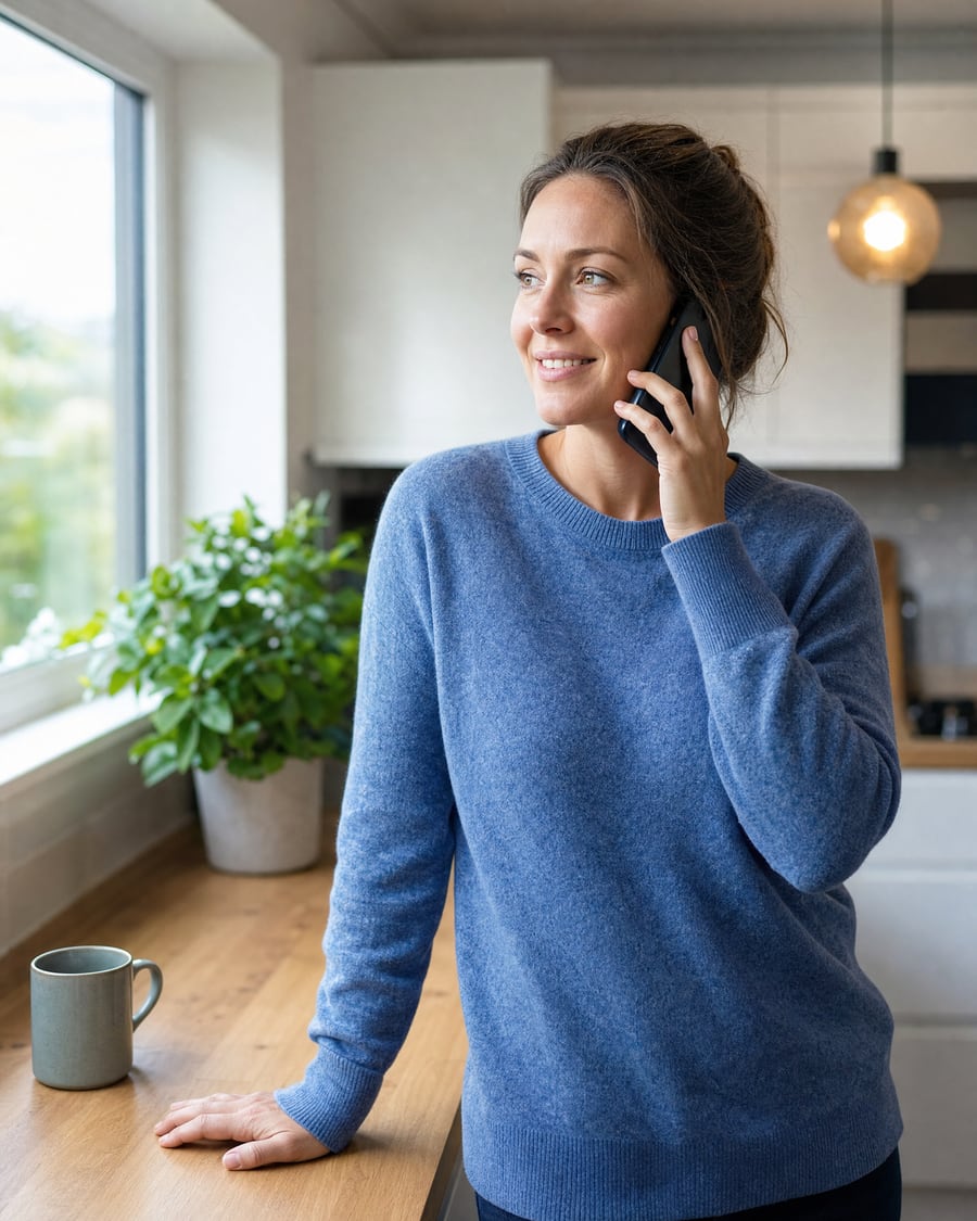 A woman at her kitchen window on a quick phone call.
