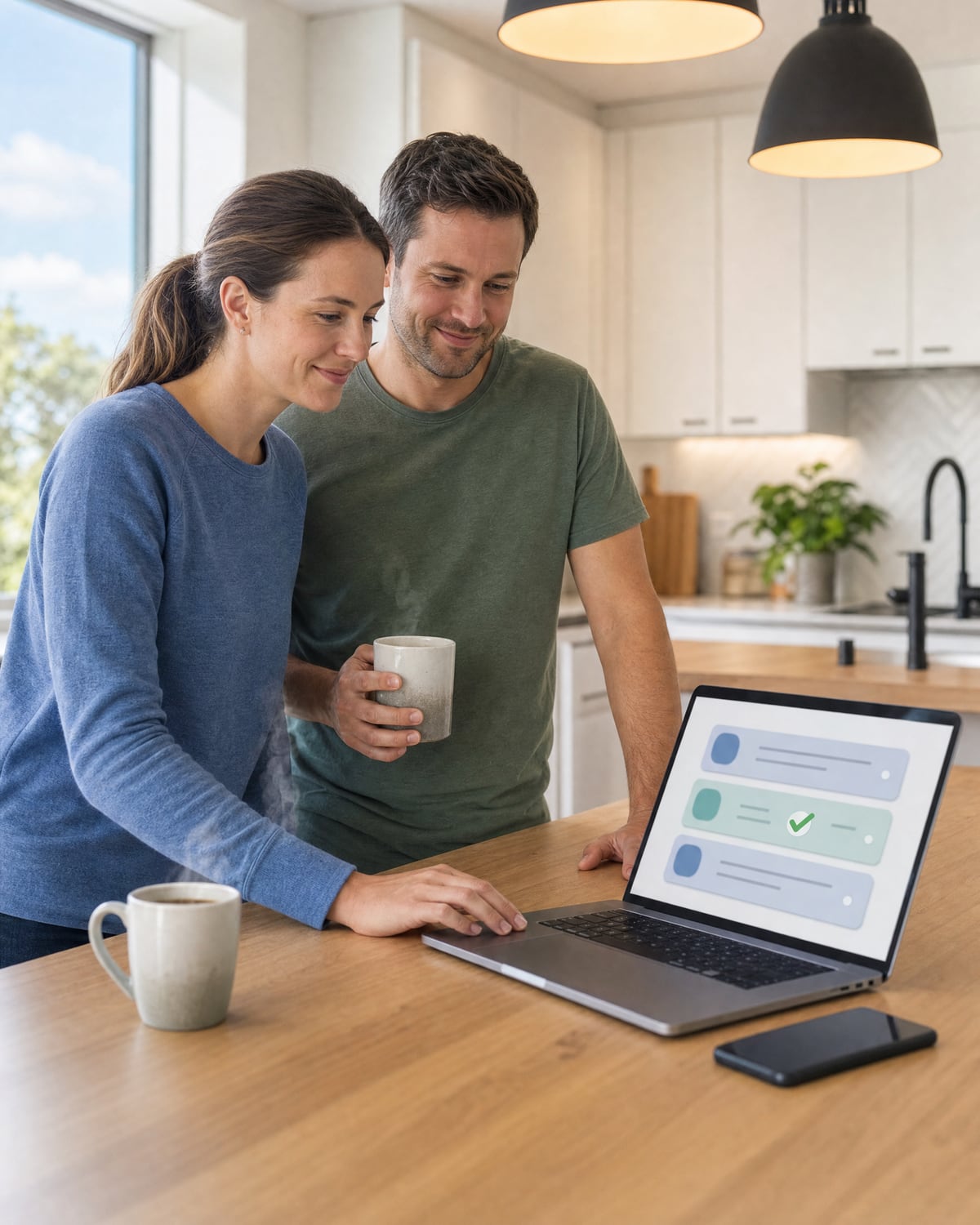 A young couple at their kitchen island comparing electricity plans on a laptop.