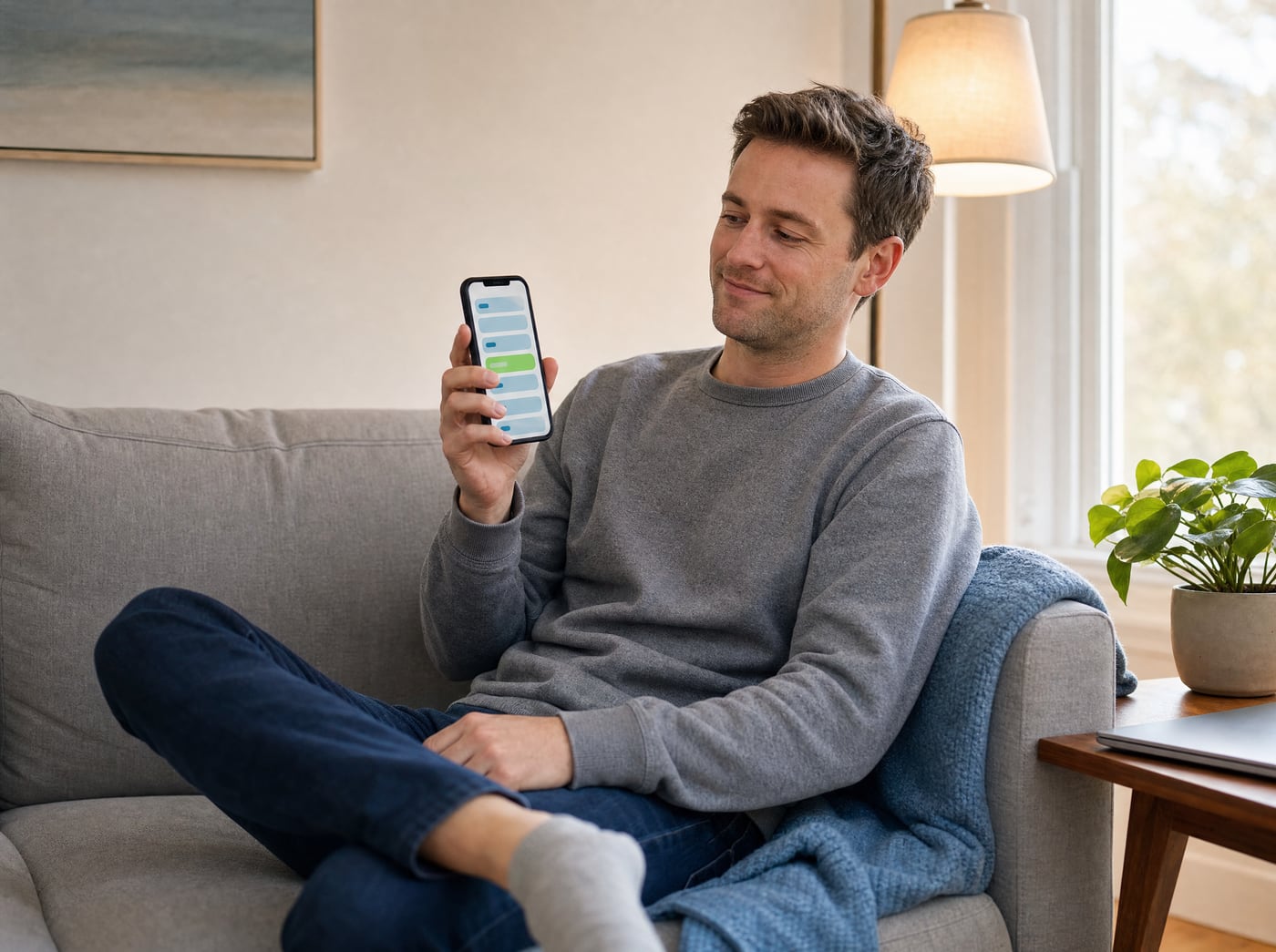 A man relaxing on a sofa, switching his electricity plan on his phone.